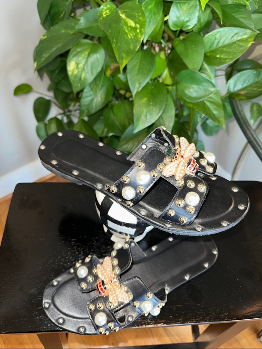 Black Embellished Slide Sandals with Pearl & Bee Accent size 40